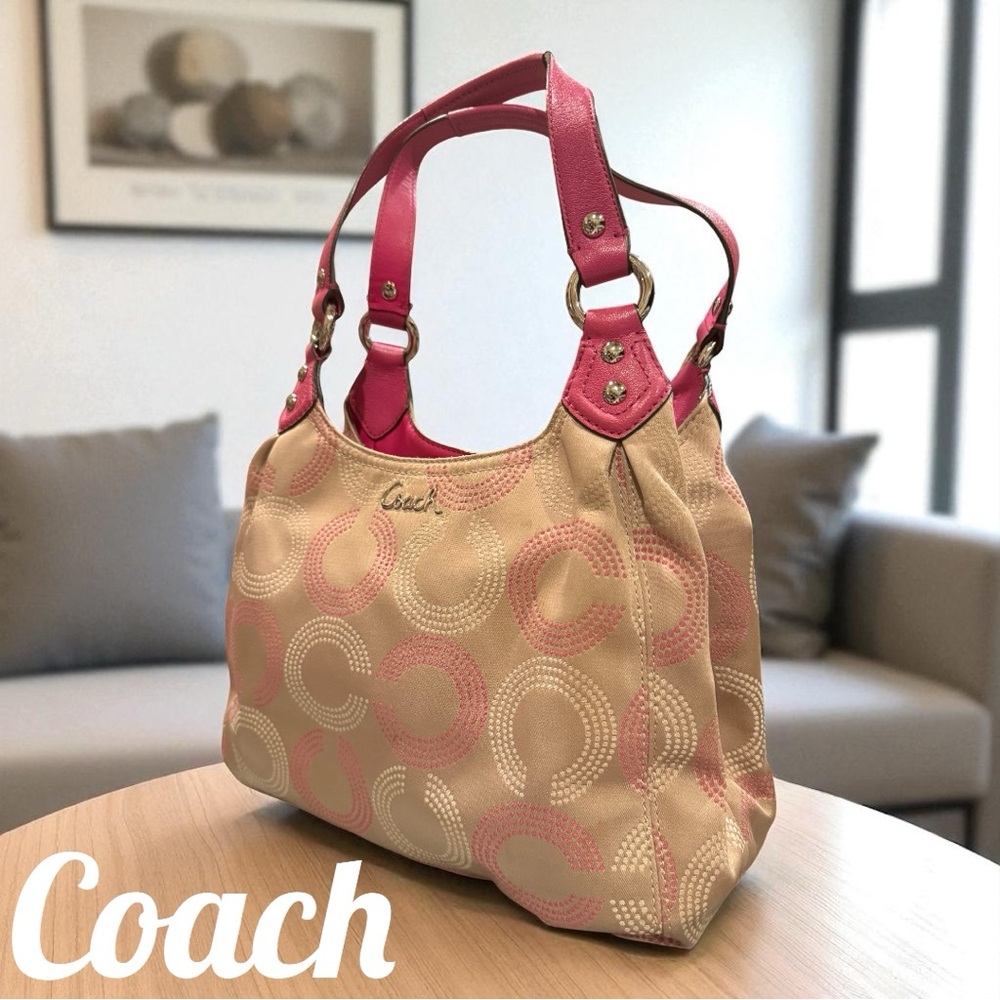 Coach F21920 Op Art Dotted Ashley Hobo Shoulder Bag Khaki Pink Branded Keychain - Picture 16 of 16